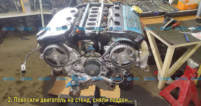 Подвесили двигатель на стенд, сняли поддон